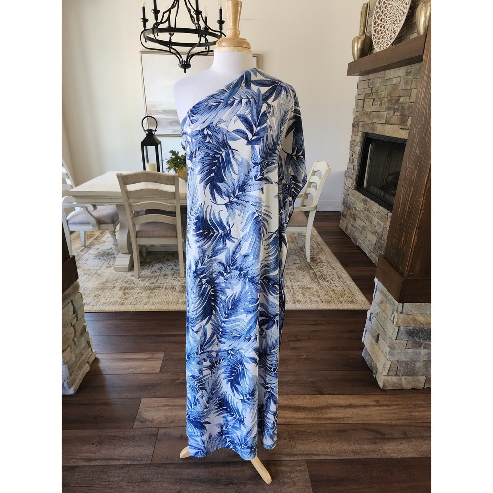 Harper Tyche Blue White Tropical Palm Leaf One Shoulder Maxi Dress Small
